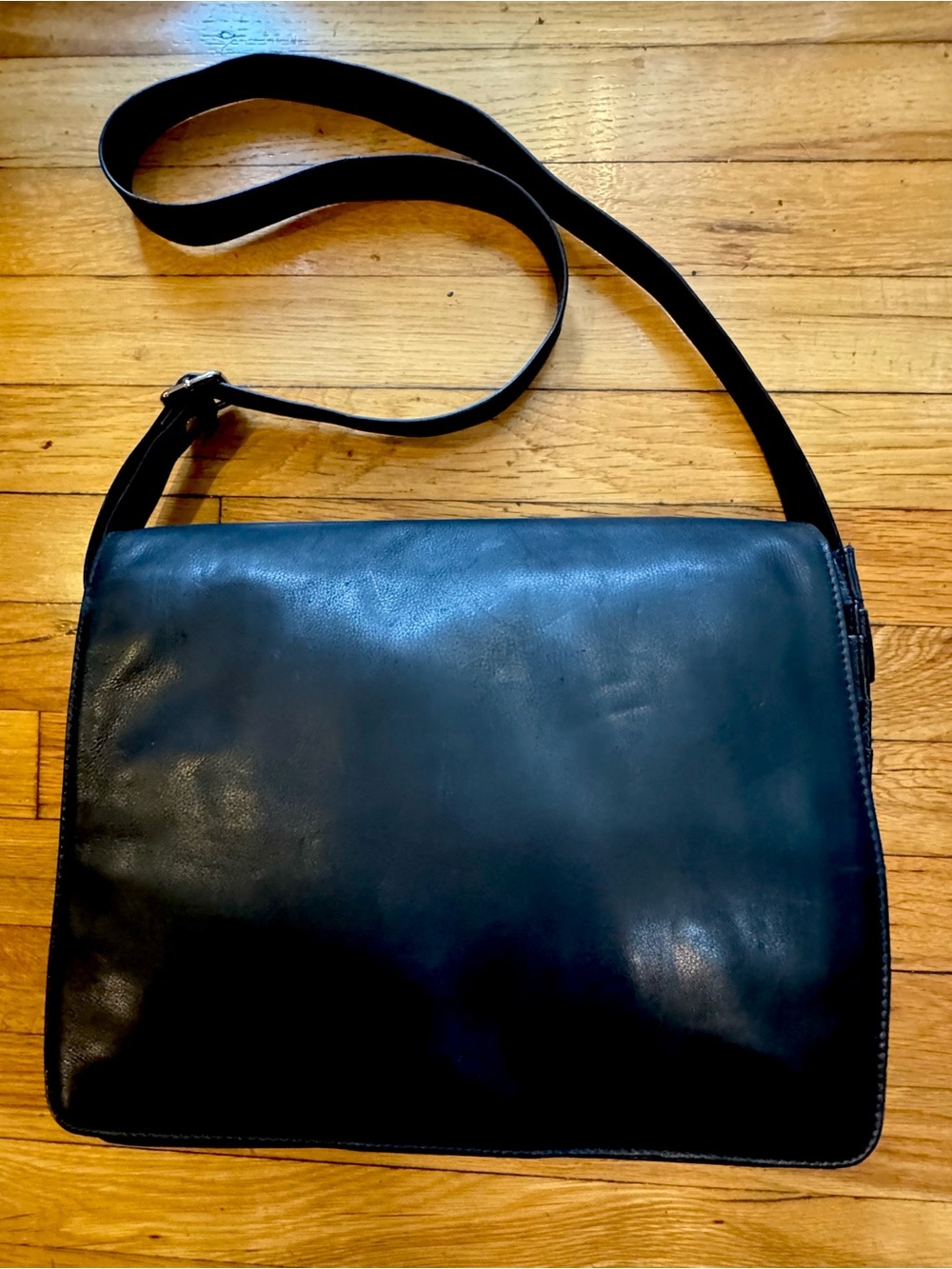 Wilson House of Leathers, Classic Black Leather Messenger Bag - or shoulder bag.
